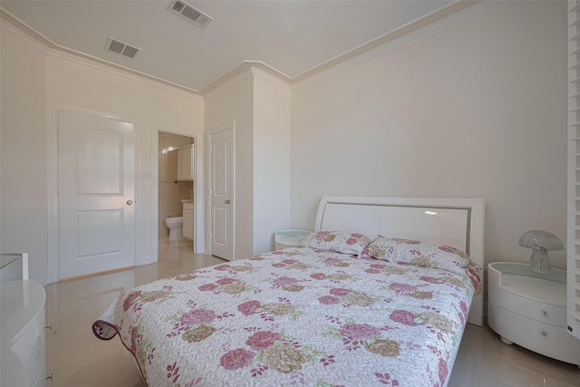 5411 Oban Terrace Ln, Sugar Land, TX 77479 - bedroom with crown molding, connected bathroom, and light tile patterned floors