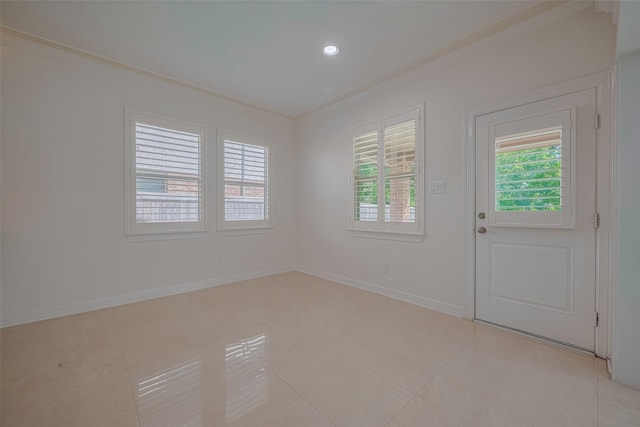 5411 Oban Terrace Ln, Sugar Land, TX 77479 - unfurnished room featuring ornamental molding, baseboards, light tile patterned flooring, and recessed lighting