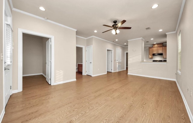 5323 Menard Ave, Galveston, TX 77551 - unfurnished living room featuring ceiling fan, recessed lighting, light wood finished floors, crown molding, and baseboards