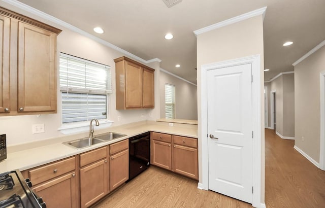 5323 Menard Ave, Galveston, TX 77551 - kitchen featuring a sink, dishwasher, light wood-style flooring, recessed lighting, and ornamental molding