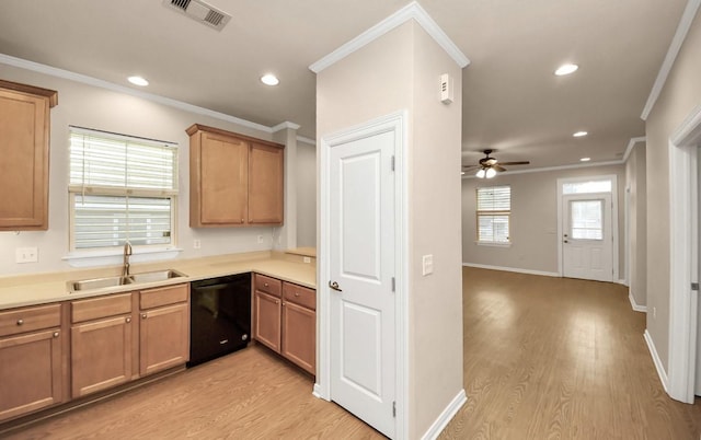 5323 Menard Ave, Galveston, TX 77551 - kitchen featuring a sink, black dishwasher, light wood-type flooring, a ceiling fan, and crown molding