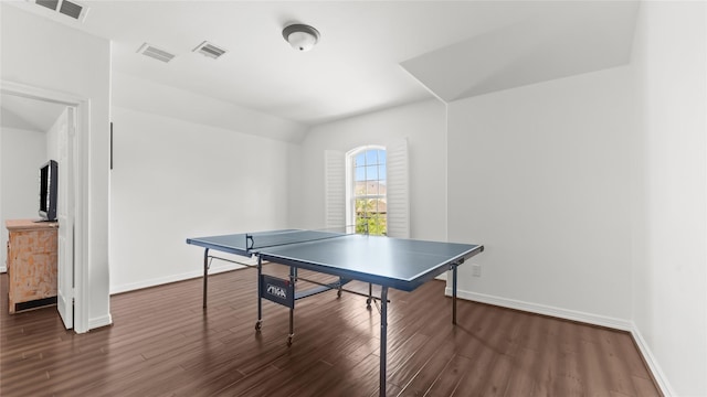 12327 Scherer Woods Ct, Tomball, TX 77377 - playroom featuring dark wood-style floors, baseboards, and vaulted ceiling