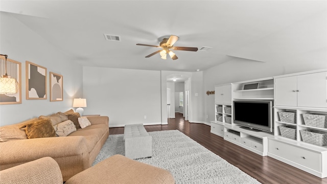 12327 Scherer Woods Ct, Tomball, TX 77377 - living room featuring ceiling fan, dark wood-style floors, and baseboards