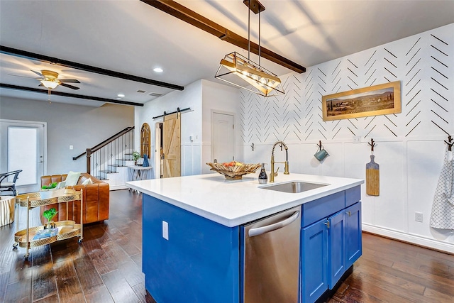 3108 Rogers St, Houston, TX 77022 - kitchen featuring blue cabinetry, a sink, a barn door, dishwasher, and beamed ceiling