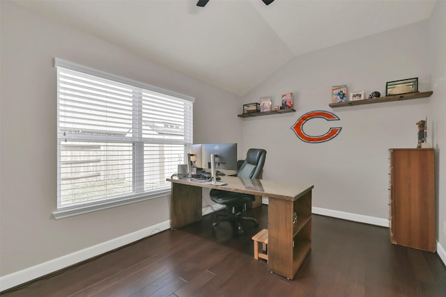 10718 Winding Green Dr, Humble, TX 77338 - office area with ceiling fan, wood finished floors, lofted ceiling, and baseboards