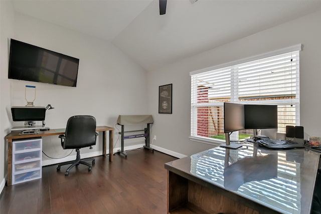 10718 Winding Green Dr, Humble, TX 77338 - office featuring plenty of natural light, wood finished floors, lofted ceiling, a ceiling fan, and baseboards