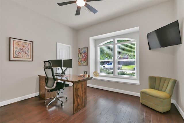 10718 Winding Green Dr, Humble, TX 77338 - office space with a ceiling fan, baseboards, and dark wood-style floors
