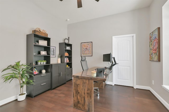 10718 Winding Green Dr, Humble, TX 77338 - office area featuring a ceiling fan, dark wood-style floors, and baseboards