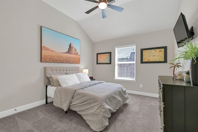 10718 Winding Green Dr, Humble, TX 77338 - bedroom featuring carpet floors, vaulted ceiling, baseboards, and a ceiling fan