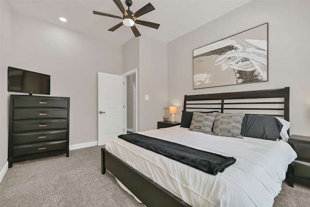 10718 Winding Green Dr, Humble, TX 77338 - bedroom featuring carpet flooring, baseboards, ceiling fan, and high vaulted ceiling