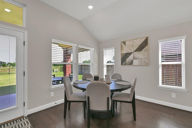 10718 Winding Green Dr, Humble, TX 77338 - dining space featuring vaulted ceiling, baseboards, dark wood finished floors, and recessed lighting