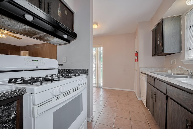 3619 Kilkenny Dr, Houston, TX 77047 - kitchen featuring white appliances, under cabinet range hood, a sink, ceiling fan, and light tile patterned floors