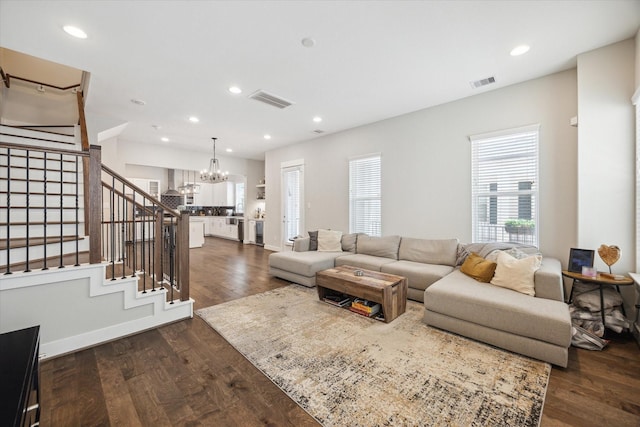 1226 W 17th St Unit E, Houston, TX 77008 - living area with a chandelier, stairs, dark wood-style floors, and recessed lighting