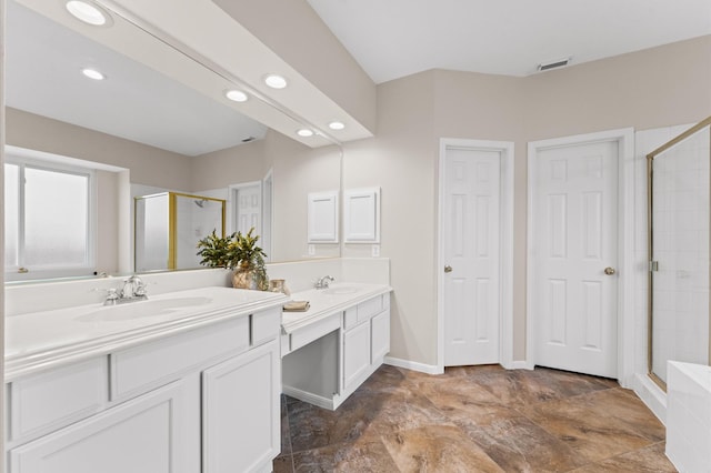 5418 Brook Bend Dr, Sugar Land, TX 77479 - bathroom with a shower stall, vanity, and recessed lighting