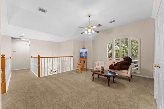 5418 Brook Bend Dr, Sugar Land, TX 77479 - sitting room with carpet floors, ceiling fan, lofted ceiling, baseboards, and a chandelier