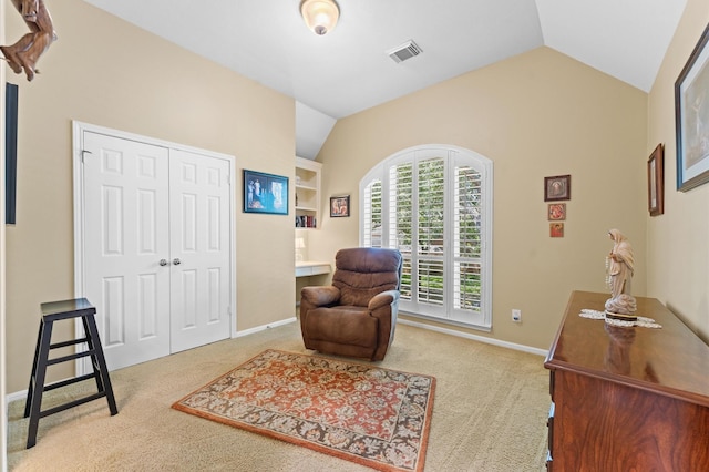 5418 Brook Bend Dr, Sugar Land, TX 77479 - sitting room with lofted ceiling, carpet, a desk, and baseboards