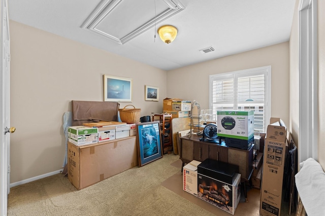 5418 Brook Bend Dr, Sugar Land, TX 77479 - carpeted home office featuring attic access and baseboards