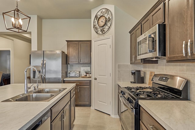 kitchen with appliances with stainless steel finishes, a sink, light countertops, hanging light fixtures, and backsplash