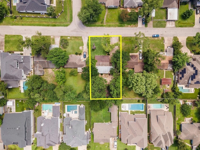 6502 Saxet St, Houston, TX 77055 - aerial perspective of suburban area with property parcel outlined and a pool area