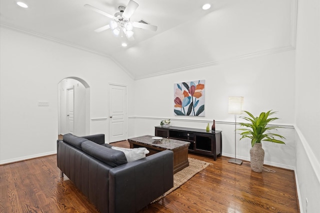 1117 Beall Landing Ct, Houston, TX 77008 - living area with lofted ceiling, arched walkways, crown molding, ceiling fan, and recessed lighting