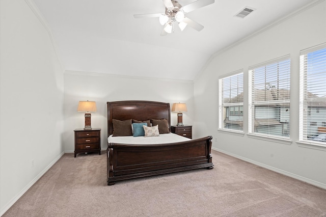 1117 Beall Landing Ct, Houston, TX 77008 - bedroom with carpet, lofted ceiling, baseboards, crown molding, and ceiling fan