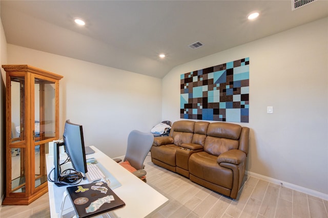 12917 S Winding Pines Dr, Tomball, TX 77375 - office area with vaulted ceiling, light wood finished floors, recessed lighting, and baseboards