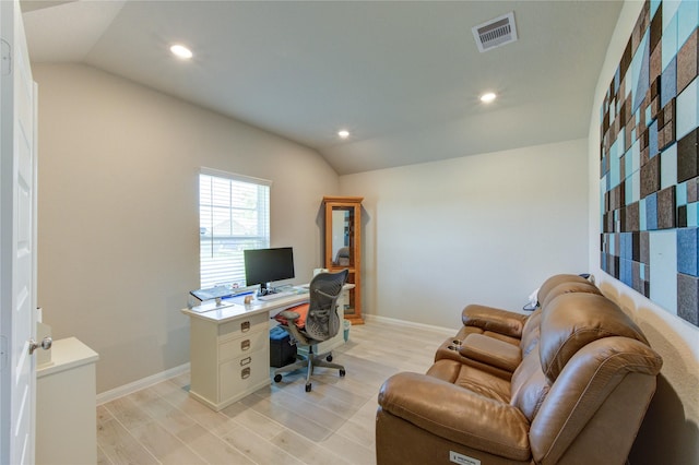 12917 S Winding Pines Dr, Tomball, TX 77375 - home office with vaulted ceiling, baseboards, recessed lighting, and light wood-type flooring