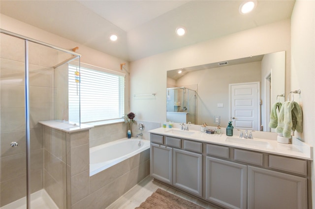 12917 S Winding Pines Dr, Tomball, TX 77375 - bathroom with a stall shower, a garden tub, double vanity, and recessed lighting