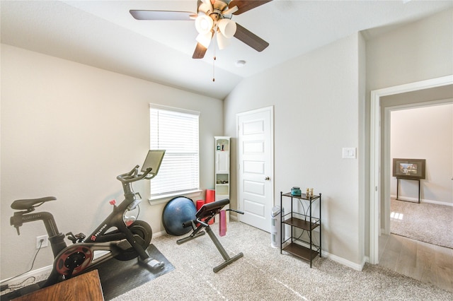 12917 S Winding Pines Dr, Tomball, TX 77375 - exercise room featuring carpet floors, ceiling fan, vaulted ceiling, and baseboards