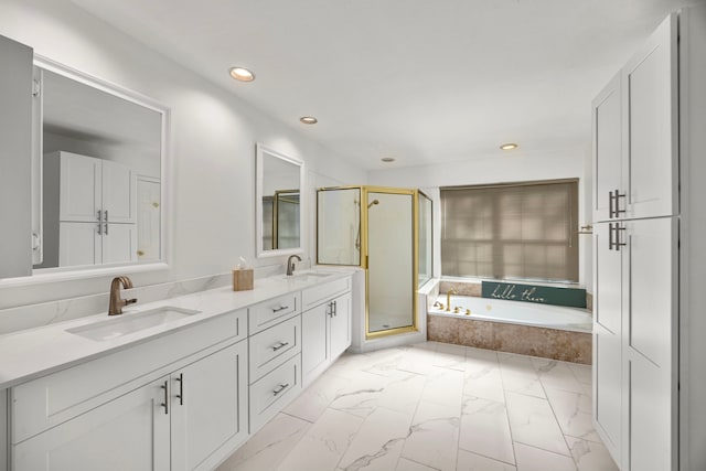 4402 Chipping Ct, Sugar Land, TX 77479 - bathroom featuring marble finish floors, a bath, a shower stall, recessed lighting, and double vanity