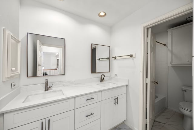 4402 Chipping Ct, Sugar Land, TX 77479 - bathroom featuring marble look tiles, toilet, double vanity, shower / tub combination, and recessed lighting