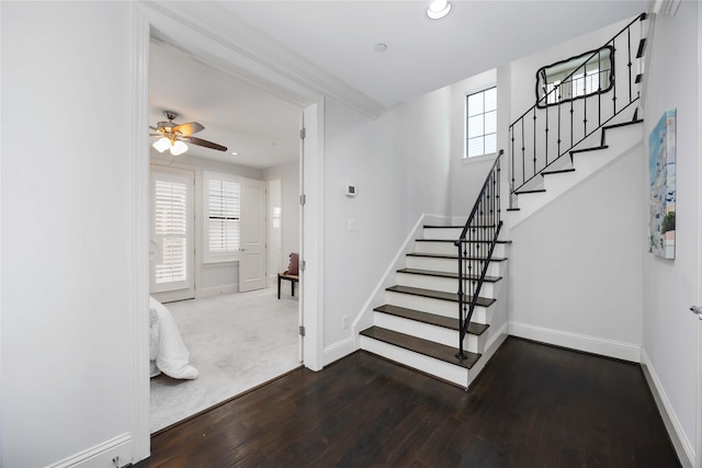 812 W Drew St, Houston, TX 77006 - stairs with baseboards, wood finished floors, a ceiling fan, and recessed lighting