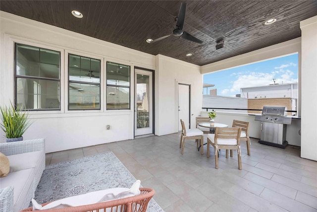 812 W Drew St, Houston, TX 77006 - view of patio featuring a grill, outdoor dining space, a ceiling fan, and area for grilling