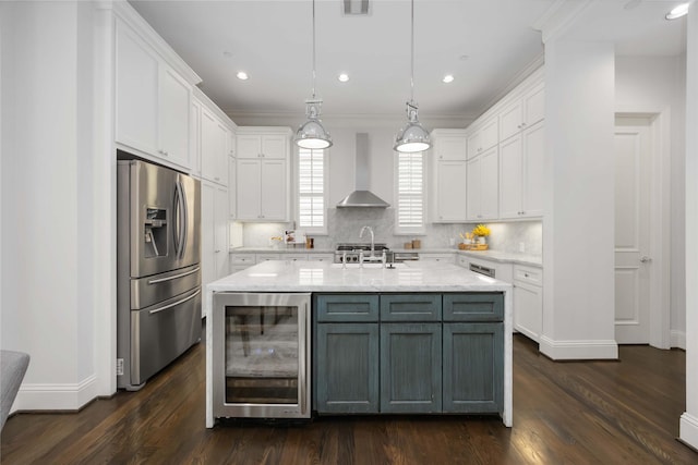 812 W Drew St, Houston, TX 77006 - kitchen with stainless steel fridge with ice dispenser, beverage cooler, white cabinets, wall chimney exhaust hood, and dark wood-style flooring