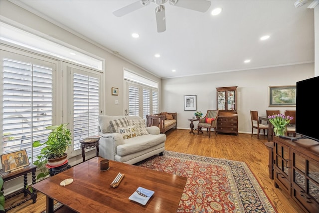 5905 Sugar Hill Dr Unit 221, Houston, TX 77057 - living area with ornamental molding, ceiling fan, wood finished floors, recessed lighting, and baseboards