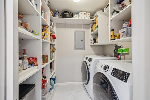 5905 Sugar Hill Dr Unit 221, Houston, TX 77057 - laundry area with washing machine and dryer, electric panel, light marble finish floors, and baseboards