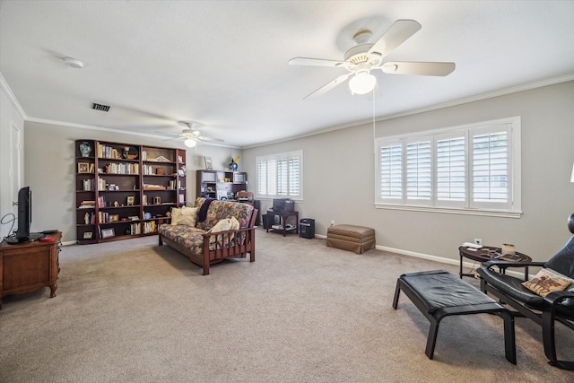 5905 Sugar Hill Dr Unit 221, Houston, TX 77057 - living area with a ceiling fan, crown molding, light colored carpet, and baseboards