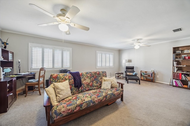 5905 Sugar Hill Dr Unit 221, Houston, TX 77057 - living room featuring a ceiling fan, light colored carpet, crown molding, and a desk