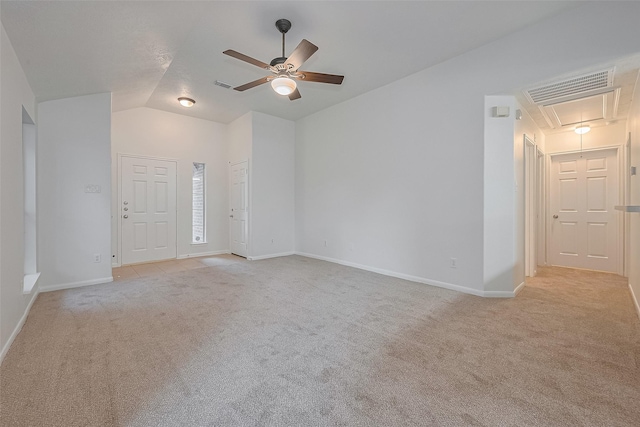 6723 Highwind Bend Ln, Katy, TX 77449 - unfurnished room featuring attic access, light carpet, ceiling fan, vaulted ceiling, and baseboards