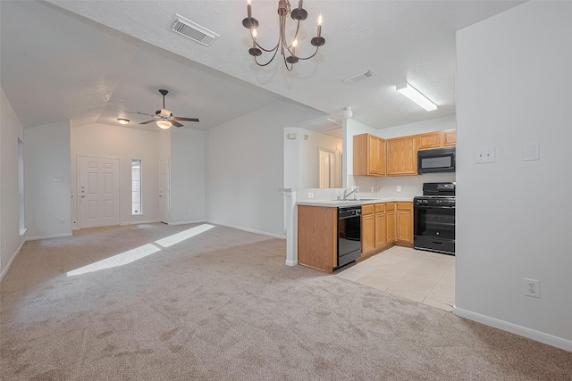 6723 Highwind Bend Ln, Katy, TX 77449 - kitchen featuring black appliances, light colored carpet, a sink, baseboards, and a ceiling fan