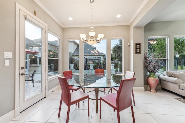 5214 Harvest Bend Ct, Sugar Land, TX 77479 - dining space with a chandelier, light tile patterned floors, baseboards, and crown molding