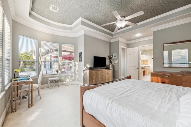 5214 Harvest Bend Ct, Sugar Land, TX 77479 - bedroom featuring light carpet, crown molding, baseboards, a raised ceiling, and a ceiling fan