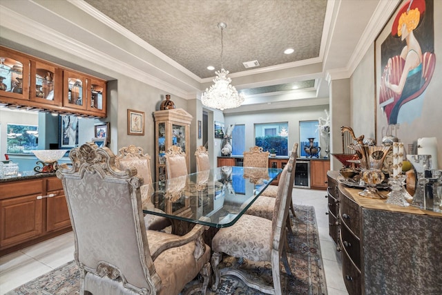 5214 Harvest Bend Ct, Sugar Land, TX 77479 - dining space featuring a chandelier, light tile patterned floors, beverage cooler, a raised ceiling, and ornamental molding