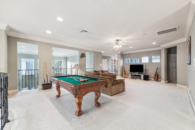 5214 Harvest Bend Ct, Sugar Land, TX 77479 - playroom featuring crown molding, light carpet, baseboards, ceiling fan, and recessed lighting