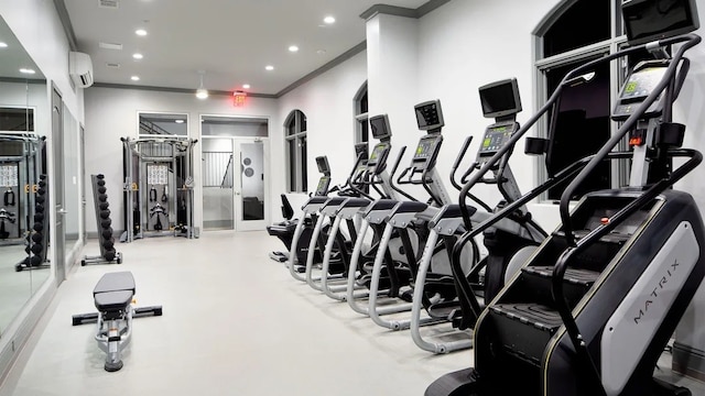 20315 Desert Foal Dr, Tomball, TX 77377 - exercise room featuring ornamental molding, an AC wall unit, and recessed lighting