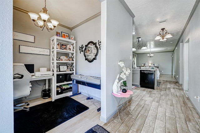 873 W Santa Fe St, Conroe, TX 77301 - office featuring a chandelier, light wood-style floors, crown molding, and baseboards