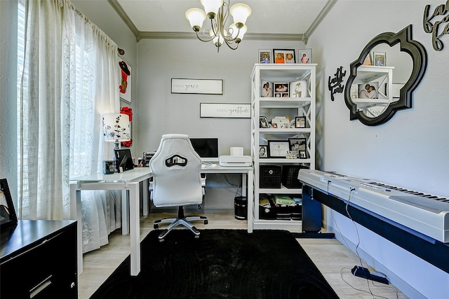 873 W Santa Fe St, Conroe, TX 77301 - office featuring ornamental molding, wood finished floors, and a chandelier