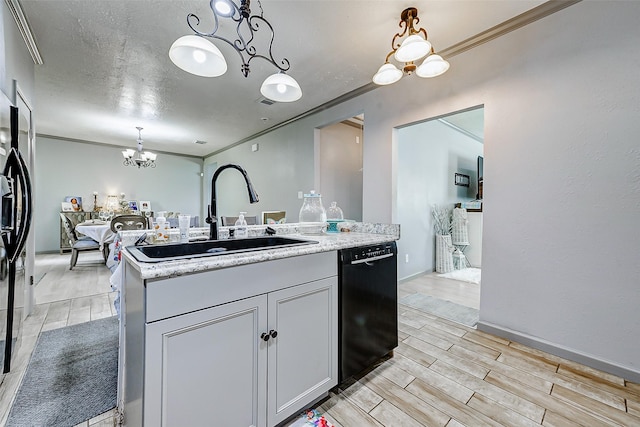 873 W Santa Fe St, Conroe, TX 77301 - kitchen featuring a sink, a chandelier, dishwasher, wood finish floors, and crown molding