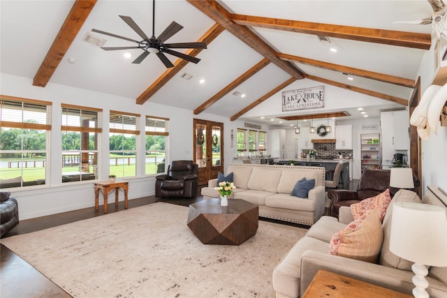 154 Lcr 893, Jewett, TX 75846 - living area with a ceiling fan, beam ceiling, plenty of natural light, recessed lighting, and baseboards