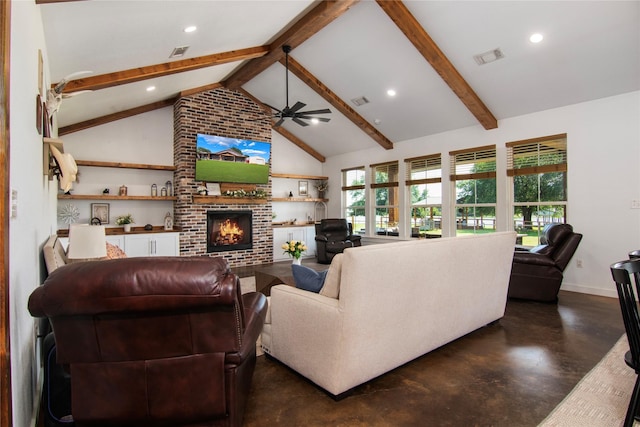 154 Lcr 893, Jewett, TX 75846 - living room featuring concrete floors, beamed ceiling, a ceiling fan, a fireplace, and baseboards